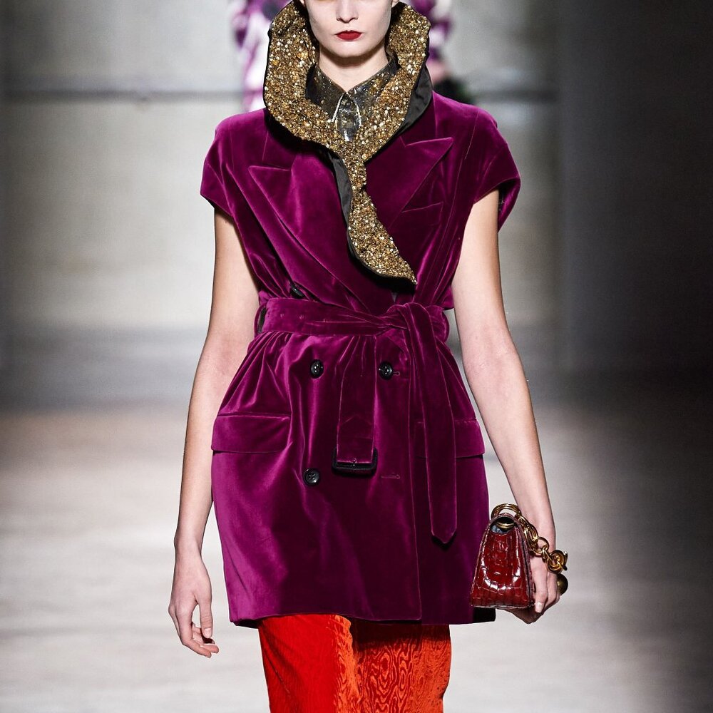 Dries Van Noten AW/20 Runway Rawn Shortbis Dark-Pink Velvet Cap-Sleeve Coat